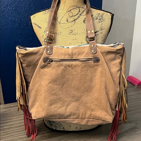 HOPOFLY BOHEMIAN CANVAS FUR LEATHER FRINGE LARGE TOTE BAG - Picture 3 of 16